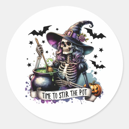 Tijd om de Pot Skeleton Witch te roeren Ronde Sticker (Voorkant)