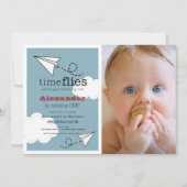 Tijd vliegt papieren vliegtuig Blauwe Jongen Foto Kaart (Voorkant)