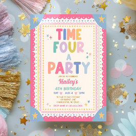 Tijd voor een feestje Whimsical meisje 4e verjaard Kaart