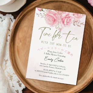Tijd voor Tea Baby shower Dusty Roos Floral Kaart
