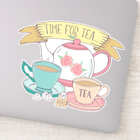 Tijd voor Tea Cute  Engelse Tea Cups Teapot Sticker (Detail)