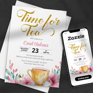 Tijd voor Tea Waterverf Gold Glitter Vrijgezellenf Kaart