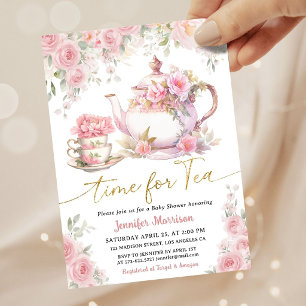 Tijd voor Thee Baby Shower Meisje Goud Roze Bloeme Kaart