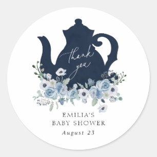 Tijd voor Thee Blauwe Baby Shower Bedankingslabels Ronde Sticker