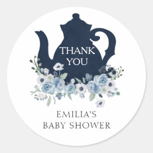 Tijd voor Thee Blauwe Baby Shower Bedankt Ronde Sticker