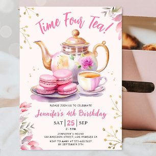 Tijd voor thee! Meisje Roze 4e verjaardag Theepart Kaart