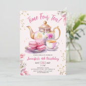 Tijd voor thee! Meisje Roze 4e verjaardag Theepart Kaart (Staand voorkant)
