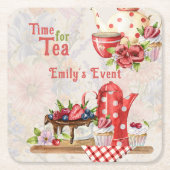 Tijd voor thee! Retro Afternoon Tea Party Vierkante Kartonnen Onderzetter (Voorkant)