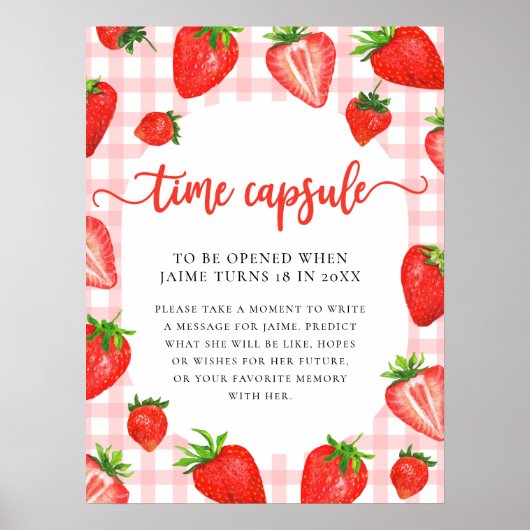 Tijdcapsule | Roze aardbei Gingham Verjaardag Poster (Voorkant)