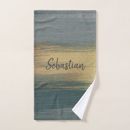 Tijdelijke penseelstreken in groen, grijs en goud bad handdoek (Handdoek)