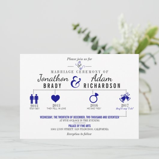 Tijdlijn donkerblauwe bruiloft uitnodiging (Staand voorkant)