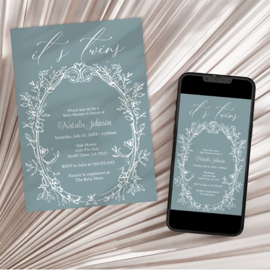 Tijdloos Bloemen Blauw Tweeling Baby shower Kaart