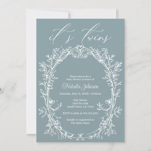 Tijdloos Bloemen Blauw Tweeling Baby shower Kaart (Voorkant)