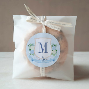 Tijdloos kustmonogram jongens babyshower favoriet ronde sticker