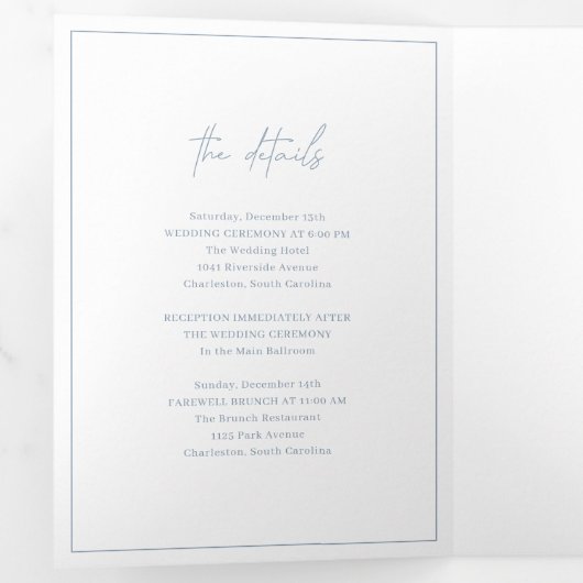 Tijdloos Monogram Stoffig Blauw Elegante Huwelijk Drieluik Uitnodiging (Binnenzijde eerst)