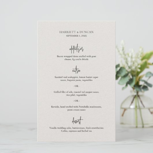 Tijdloos Neutraal Beige Elegant Wedding Menu (Staand voorkant)