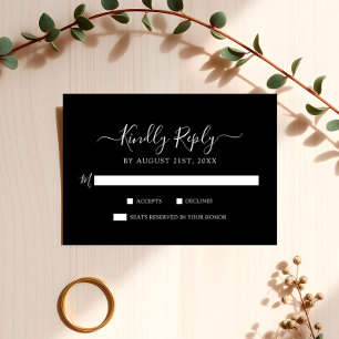 Tijdloos wit script op zwarte minimalistische brui RSVP kaartje