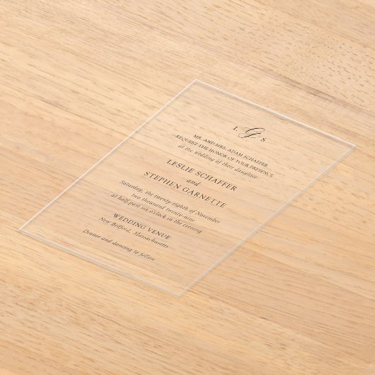 Tijdloos zwart-wit monogram Elegante bruiloft Acryl Uitnodigingen (Laagn)
