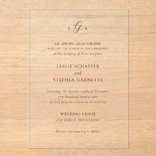 Tijdloos zwart-wit monogram Elegante bruiloft Acryl Uitnodigingen (Voorkant)