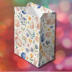 Tijdloze Aquarel Pastel Konijn Bloemen Eieren Medium Cadeauzakje