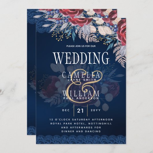 Tijdloze Blauwe Bourgondische Bloemrijke Kanten Tr Kaart (Voorkant / Achterkant)