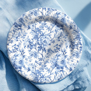 Tijdloze Blauwe Franse Toile Rozen Bloemen Papier Papieren Bordje
