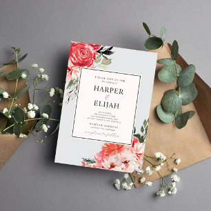 Tijdloze Bloemen Blush Red Greenery Wedding Kaart