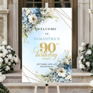Tijdloze boheemse blauwe bloemen goud 90ste verjaa poster