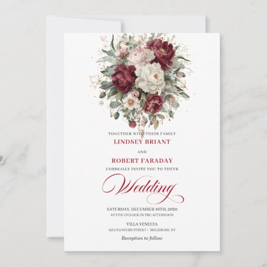 Tijdloze Boho Burgundy Witte Bloemen Gouden Bruilo Kaart (Voorkant)