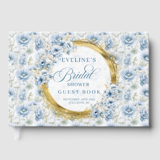 Tijdloze Boho Lichtblauwe Gouden Bloemrijke Bruids Gastenboek (Voorkant)