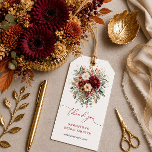 Tijdloze bordeauxrode bloemige herfst bruidscadeau cadeaulabel