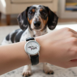 Tijdloze Dachshund Charm: Grijs geruite lederen ba Horloge