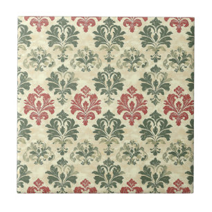 Tijdloze Damast Rood Groen Beige Vintage Uiterlijk Tegeltje