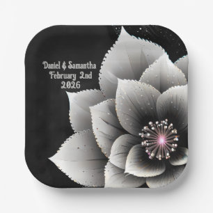 Tijdloze Elegantie: Black & Silver Blossom Wedding Papieren Bordje
