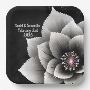 Tijdloze Elegantie: Black & Silver Blossom Wedding Papieren Bordje