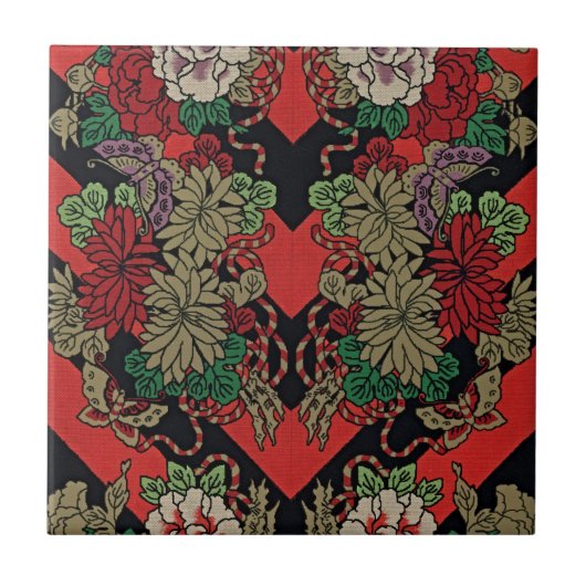 Tijdloze Elegantie: Rood Japans  Bloemen Tegeltje (Voorkant)