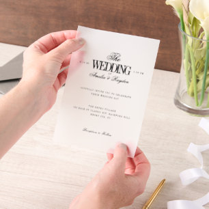 Tijdloze minimalistische zwart wit bruiloft vellum uitnodigingen