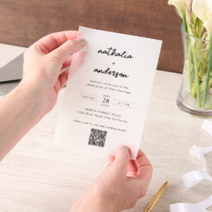 Tijdloze minimalistische zwart wit bruiloft vellum uitnodigingen