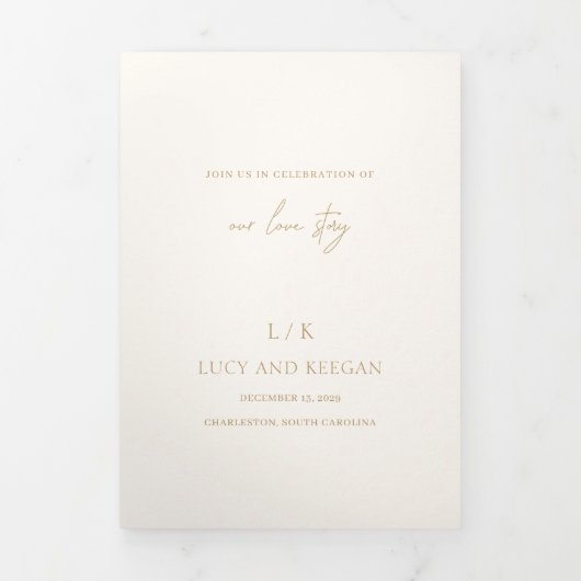 Tijdloze Monogram Ivoor en Goud Elegante Huwelijk Drieluik Uitnodiging (Cover)