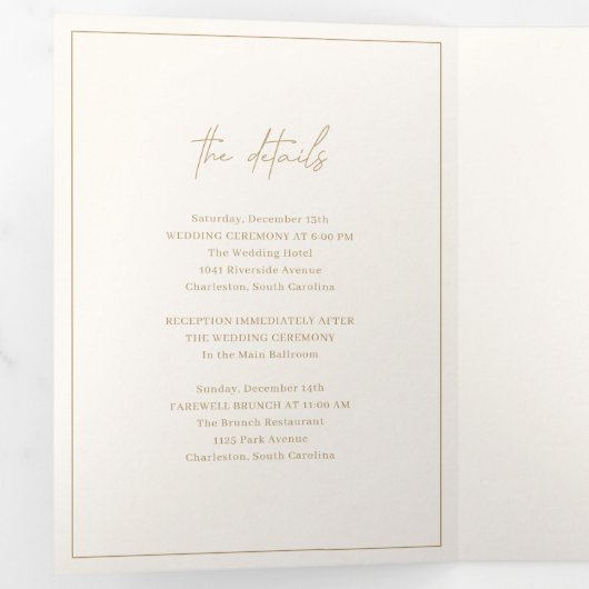 Tijdloze Monogram Ivoor en Goud Elegante Huwelijk Drieluik Uitnodiging (Binnenzijde eerst)