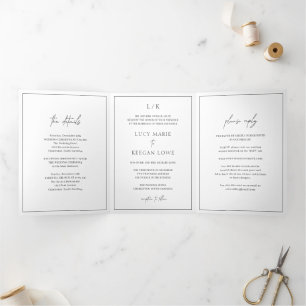 Tijdloze Monogram Zwart-Wit Elegante Huwelijk Drieluik Uitnodiging
