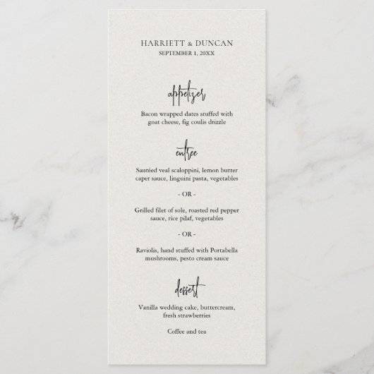 Tijdloze neutrale beige elegante bruiloft menu (Voorkant)