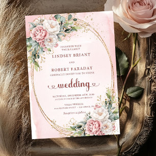 Tijdloze Roze Gouden Blush Groene Huwelijksuitnodi Kaart