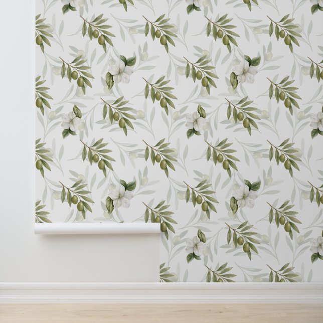 Tijdloze Salie Olijf Aquarel Chic  Behang (Applicatie)