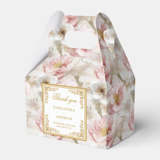 Tijdloze stoffige roze ivoren bloemenbruiloftsguns bedankdoosjes (Voorkant Zijde)