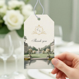 Tijdloze Tuin | Frans Kasteel Monogram Bruiloft Cadeaulabel
