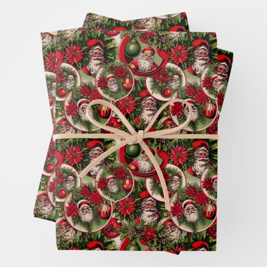 Tijdloze Vader Kerstmis en Poinsettias Inpakpapier Vel (In situ)