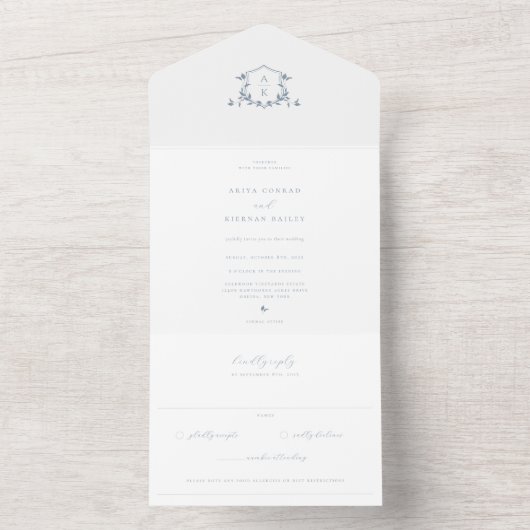 Tijdloze Vines Monogram Bruiloft Crest All In One Uitnodiging (Binnen)