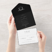 Tijdloze Vines Zwart Monogram Bruiloft Crest All In One Uitnodiging (Afscheurbaar)