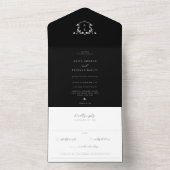 Tijdloze Vines Zwart Monogram Bruiloft Crest All In One Uitnodiging (Binnen)